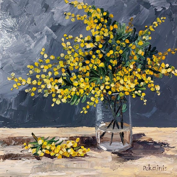 油絵　よっこ　まるまるとした大きいお花 オリジナルの厚塗り油絵、花の静物画、植物のアートワーク、ミモザの
