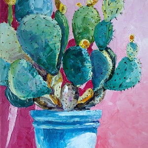 Peinture à l'huile de cactus, art mural de cactus, peinture à l'huile originale, cactus de figue de barbarie, oeuvre d'art botanique, art mural succulent, peinture à l'huile signée