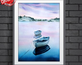 オリジナル水彩画、霧の風景画、手漕ぎボートの壁画、写真からの絵画