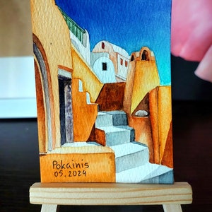 ACEO, acquerello originale, Santorini, Grecia, piccolo dipinto paesaggistico da 2,5*3,5 pollici, miniatura, cartolina ACEO