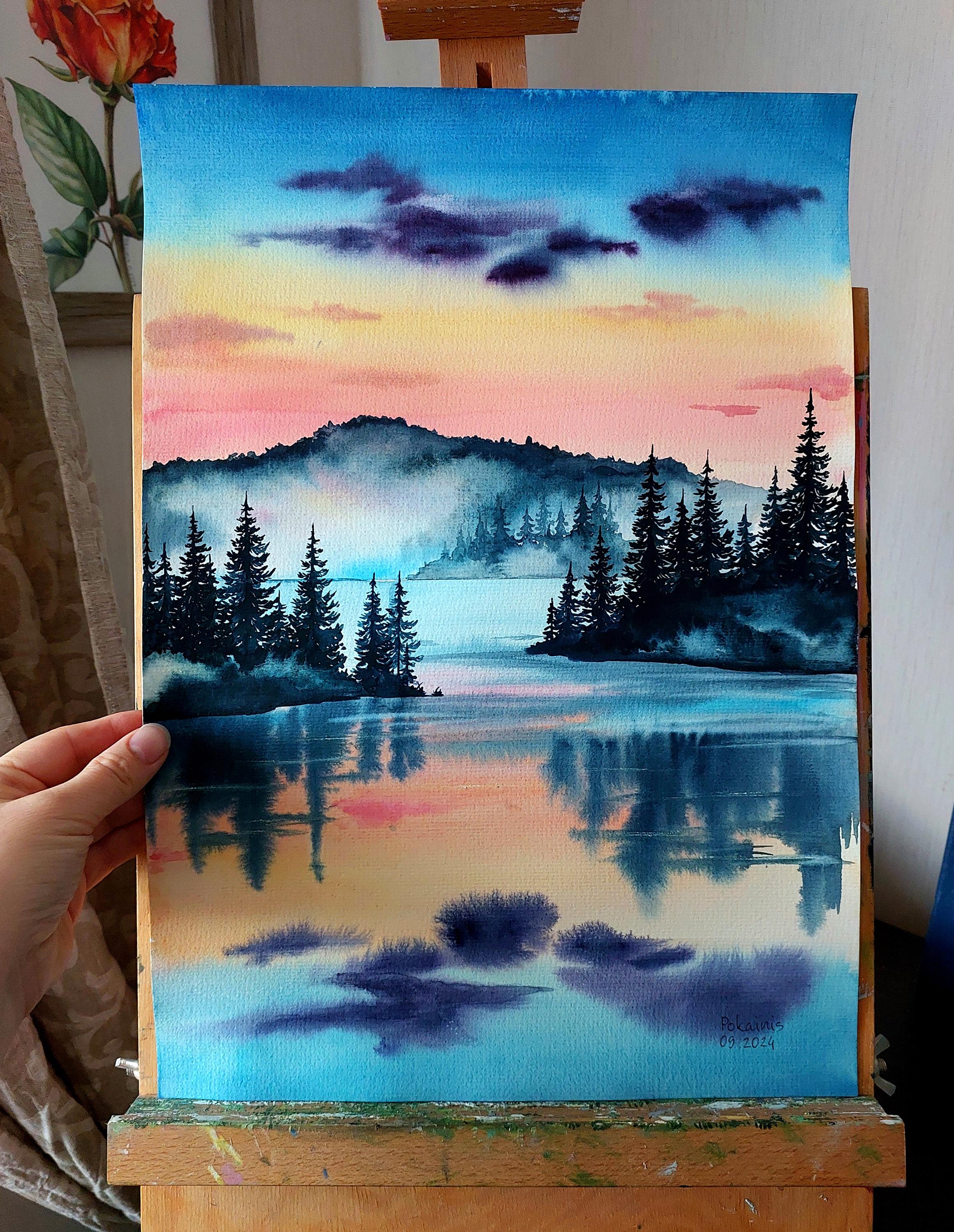 オリジナル水彩画、森の絵、森の壁画、山の壁画、冬の風景、水の反射
