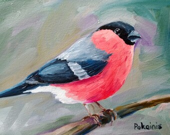 ORIGINAL oil painting, bird oil painting, bullfinch wall art, winter bird wall art, small oil painting, bird watcher gift, red bird painting