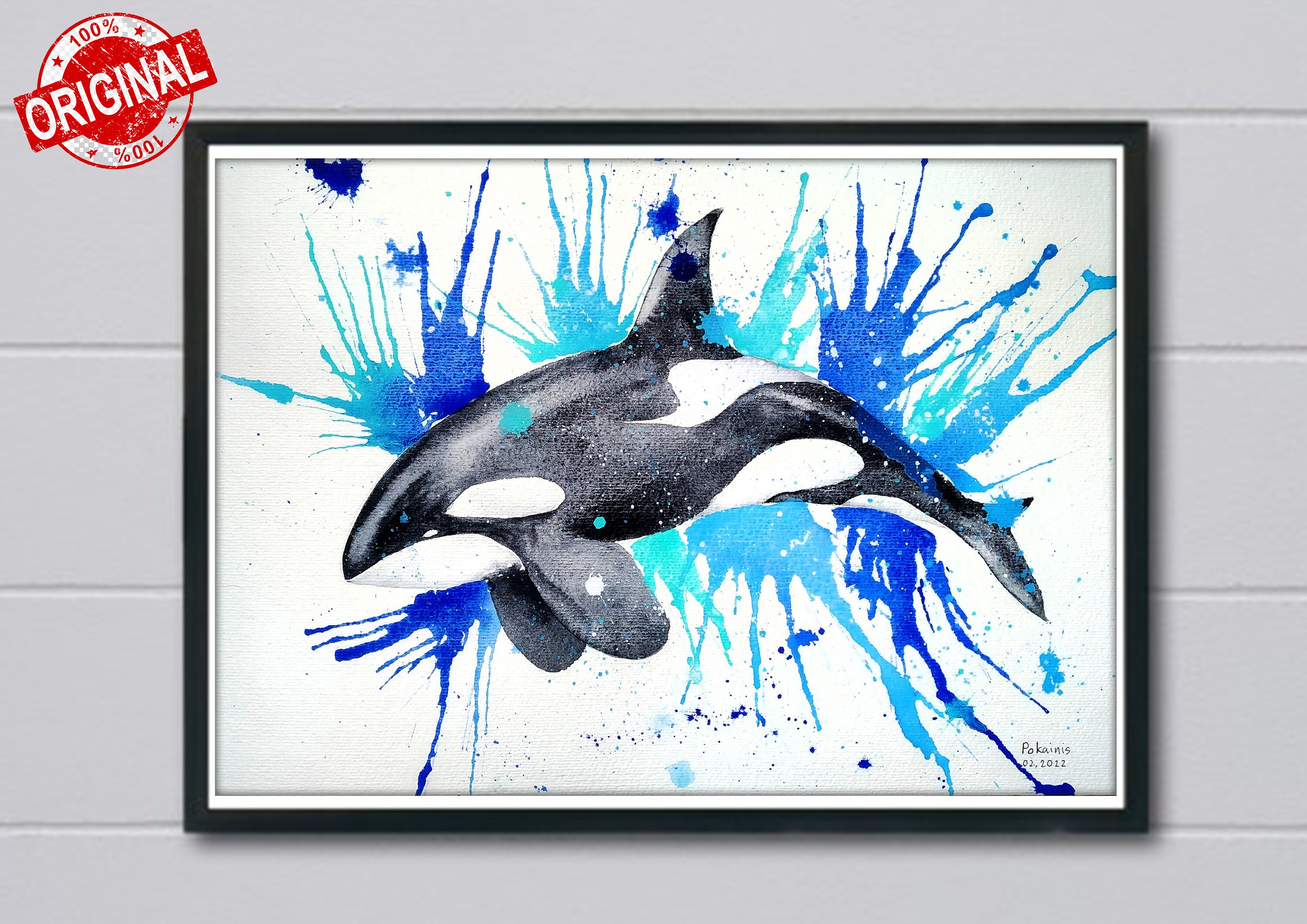 シャチのオリジナル水彩画、シャチのアートワーク、自然愛好家へ