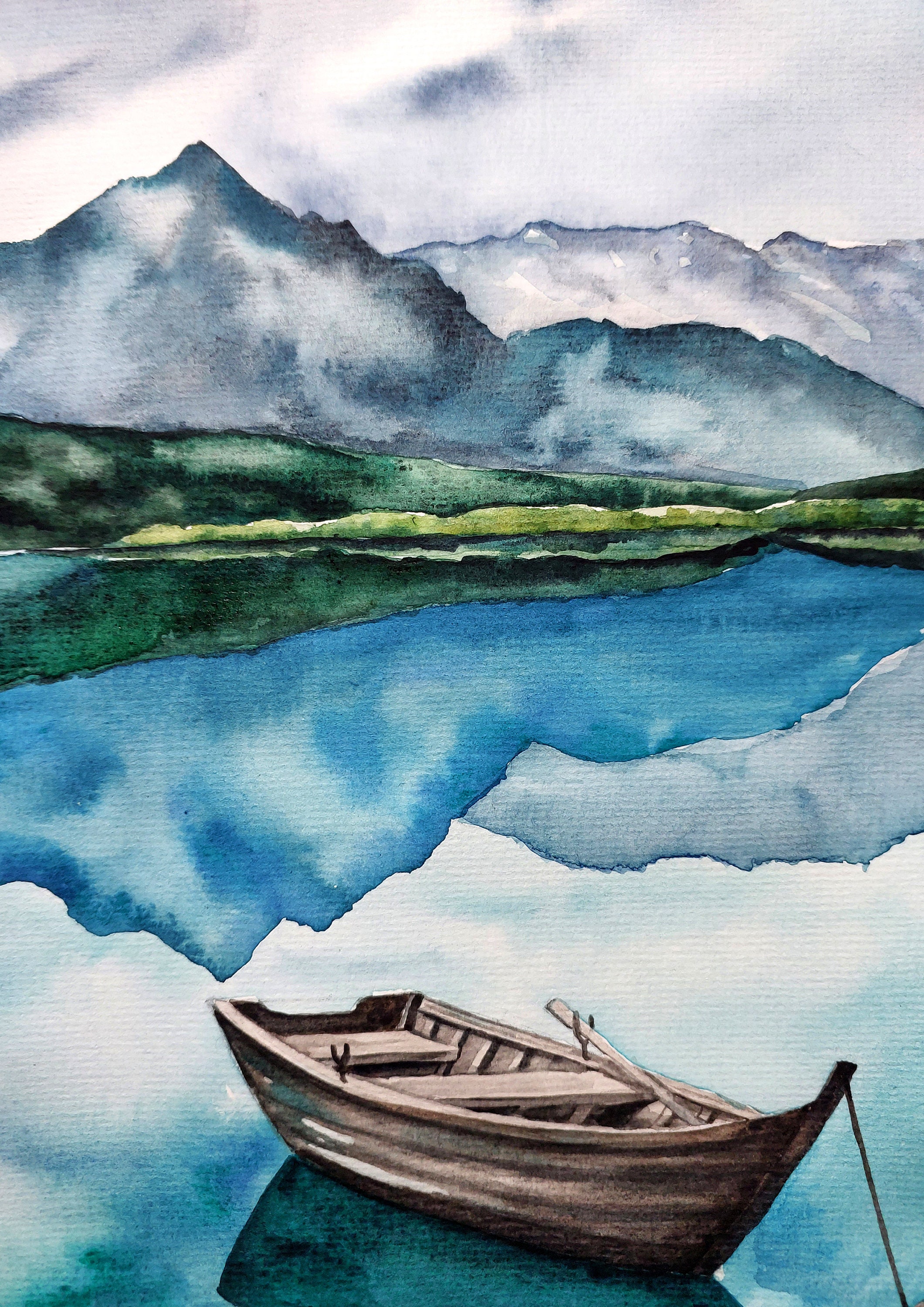 Italian Watercolor Ink Style Sun Mountain Boat Tree Landscape Painting ·  Creative Fabrica