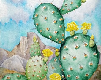 ORIGINAL watercolor painting, arizona landscape painting, succulent wall art cactus painting, prickly pear cactus, desert landscape painting