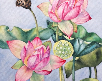 オリジナル水彩画、蓮の花の壁アート、蓮の絵、睡蓮の絵、蓮の花