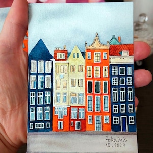 Pintura em aquarela ACEO, arte original da cidade velha de Estocolmo, pintura em aquarela de casa, belas artes de paisagens urbanas, pintura pequena de 3,5 * 5 polegadas