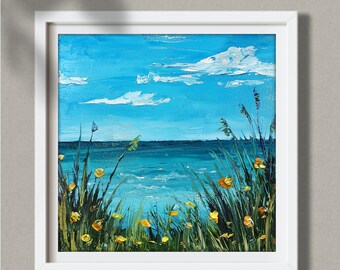小さなオリジナル油絵、風景壁アート、海景アート、ビーチ壁