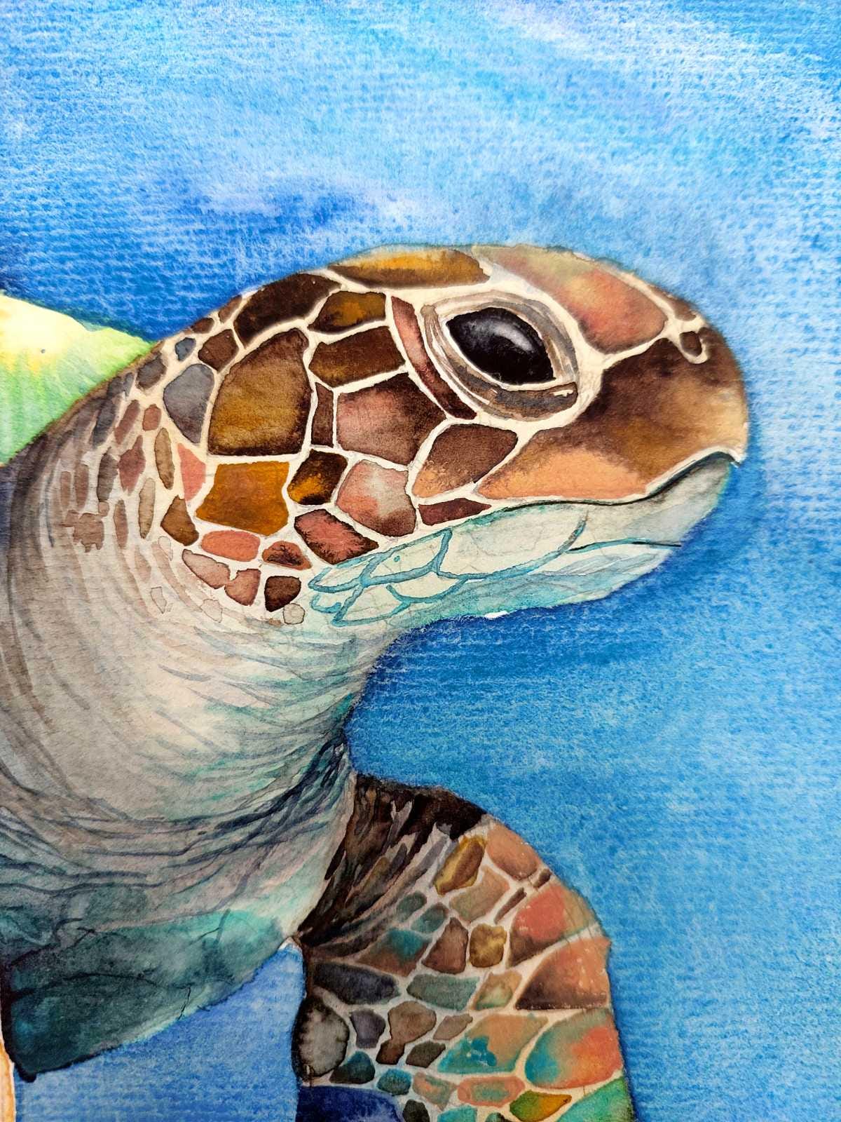 オリジナルの水彩画、ウミガメの絵画、海の動物のアートワーク、カメ