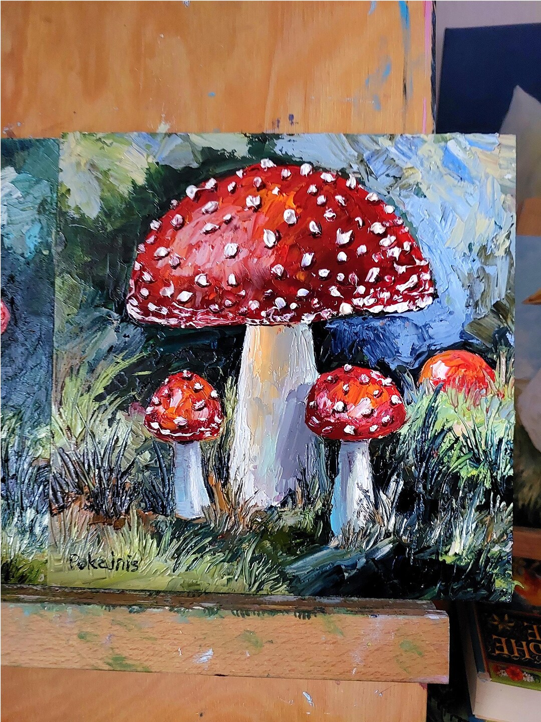 赤いキノコの油絵：ベニテングタケの植物画、8x8のインパストアート