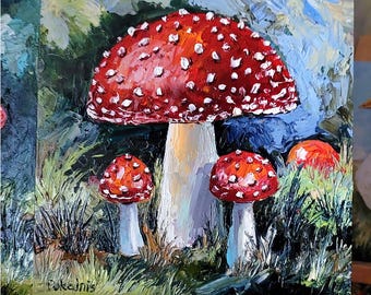 赤いキノコの油絵：ベニテングタケの植物画、8x8のインパストアート