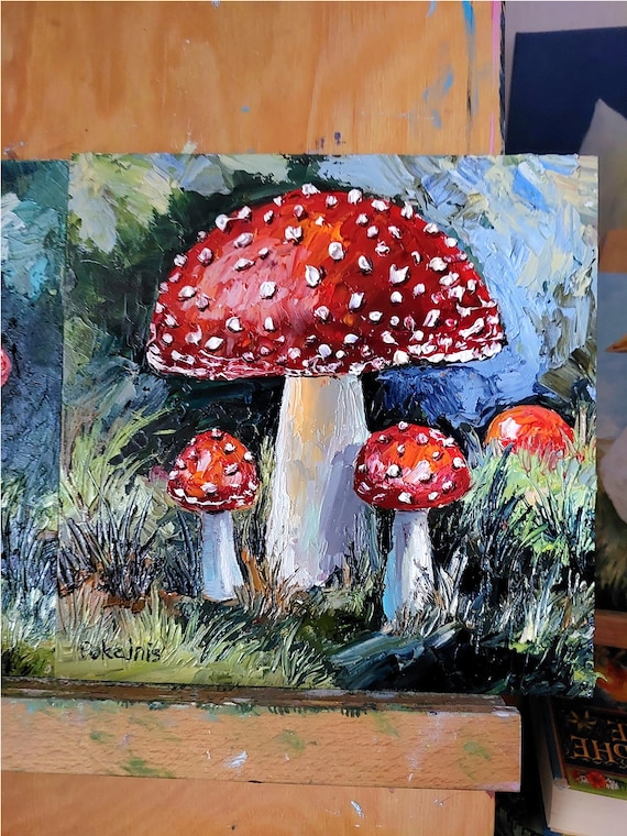 赤いキノコの油絵：ベニテングタケの植物画、8x8のインパストアート
