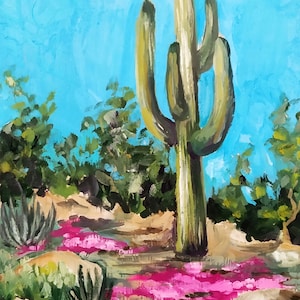 Petite peinture à l&#39;huile originale de cactus, art mural de l&#39;Arizona, petite peinture 7 x 5, peinture de paysage désertique, beaux-arts de cactus saguaro, oeuvre d&#39;art de cuisine