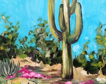 Cactus oil painting, small oil painting, original oil painting, arizona wall art, 7x5 painting, original artwork, desert landscape painting