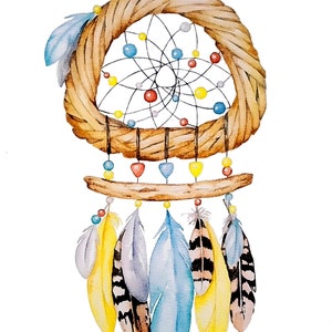 Dipinto ad acquerello ORIGINALE, Dream Catcher, arte murale, Dreamcatcher, illustrazione boho, arte murale rustica, arte murale originale per la cucina