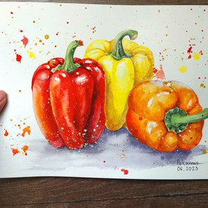 May include: Watercolor painting of three bell peppers, one red, one yellow, and one orange. The peppers are arranged in a still life composition on a white background with splattered paint.