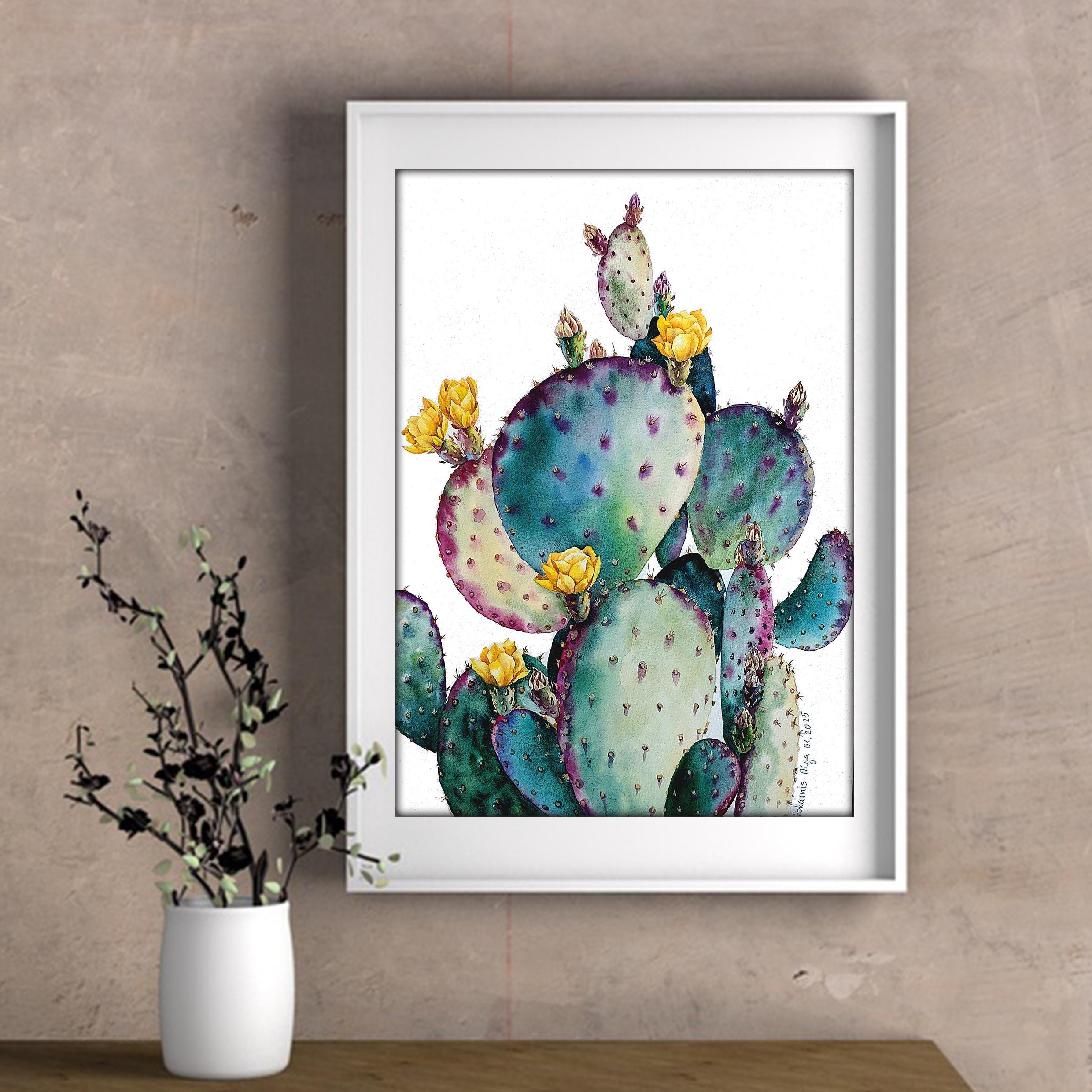 オリジナル水彩画、アリゾナの風景画、多肉植物の壁アートサボテンの