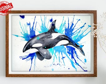 シャチのオリジナル水彩画、シャチのアートワーク、自然愛好家への