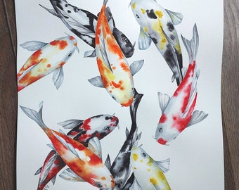 オリジナルの水彩画、9匹の鯉の抽象的な水彩画、鯉の赤と黒の現代