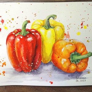 May include: Three bell peppers, one red, one yellow, and one orange, are arranged on a white background with watercolor splatters. The peppers are painted in a realistic style with visible texture.