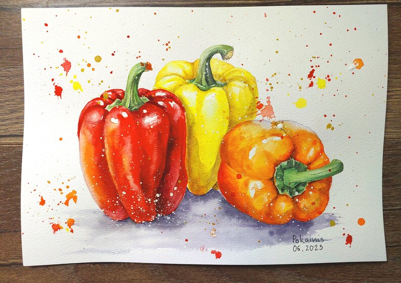 May include: Three bell peppers, one red, one yellow, and one orange, are arranged on a white background with watercolor splatters. The peppers are painted in a realistic style with visible texture.