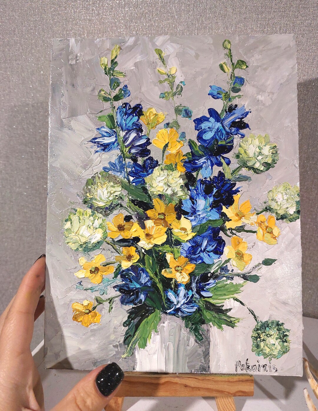 ハン・ビー 　風水画　油絵　絵画　白い花　新品未使用　 45×45㎝ インパストワイルドフラワー油絵：花の静物画、7x9ファインアート