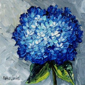 Small original oil painting, hydrangea floral still life artwork, botanical impasto oil painting, blue flowers fine art, kitchen wall art