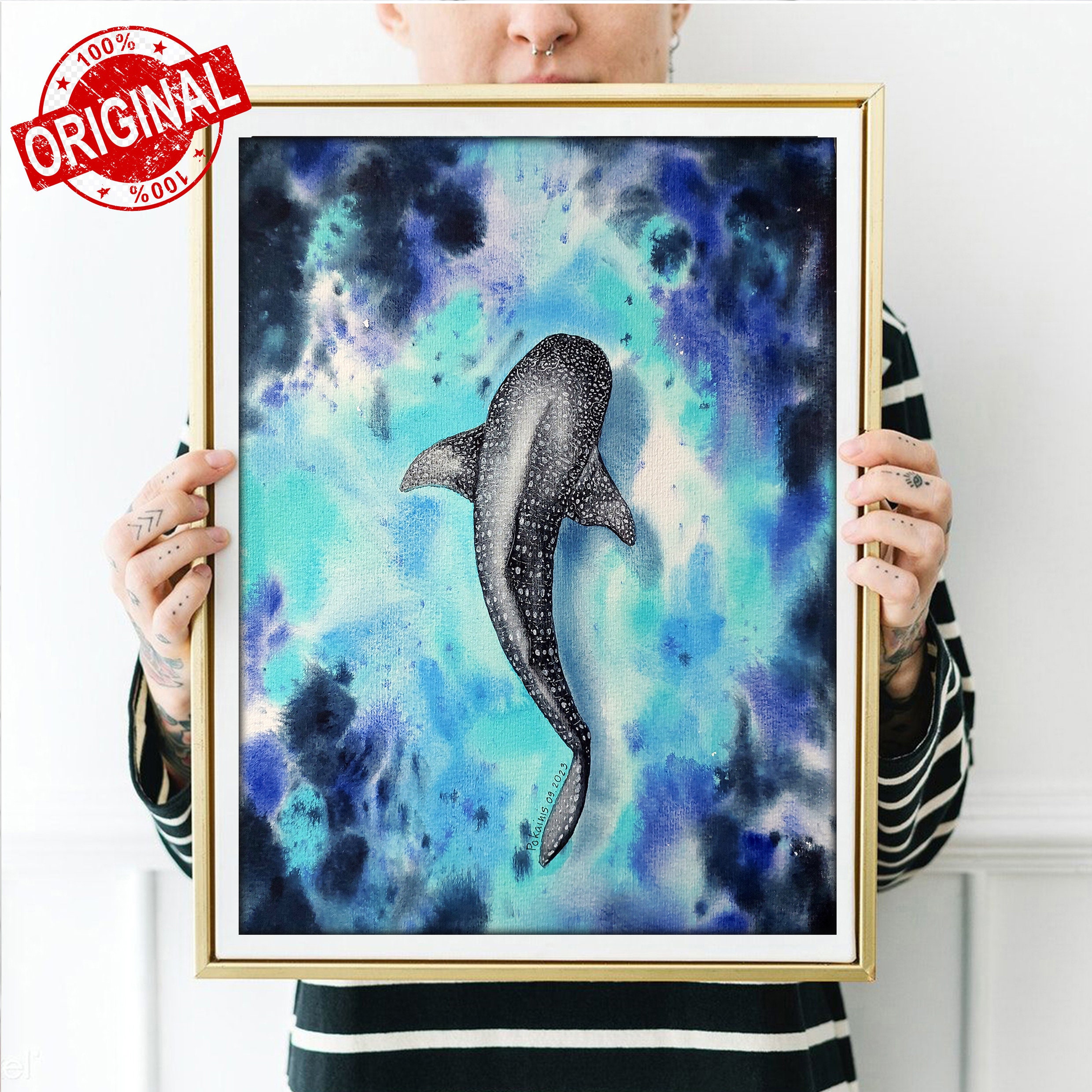 ジンベイザメ、オリジナル水彩画、水中画、暗い海、手作りの絵画