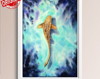 オリジナル水彩画、ヒョウザメの絵画、水中画、海の壁画、海の動物の