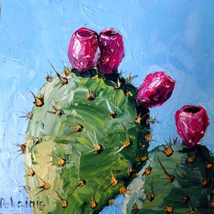 Petite peinture à l&#39;huile de cactus de figue de barbarie, oeuvre d&#39;art originale, art mural succulent, peinture murale 6 x 6, oeuvre d&#39;art botanique, oeuvre d&#39;art de cactus opuntia