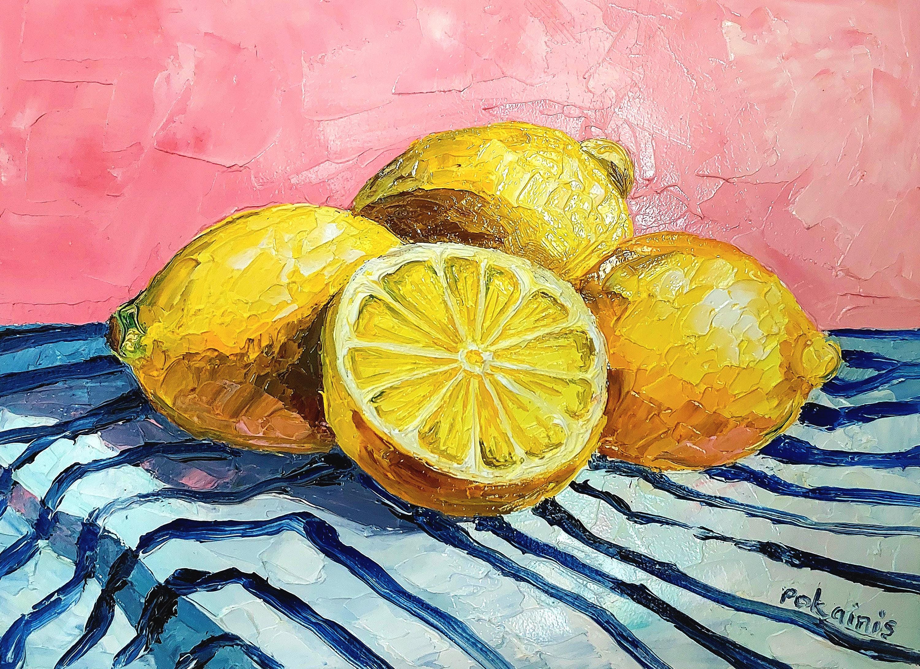 オリジナル厚塗り油絵：レモンの静物画、柑橘類のキッチンファイン