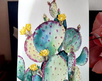 オリジナル水彩画、アリゾナの風景画、多肉植物の壁アートサボテンの