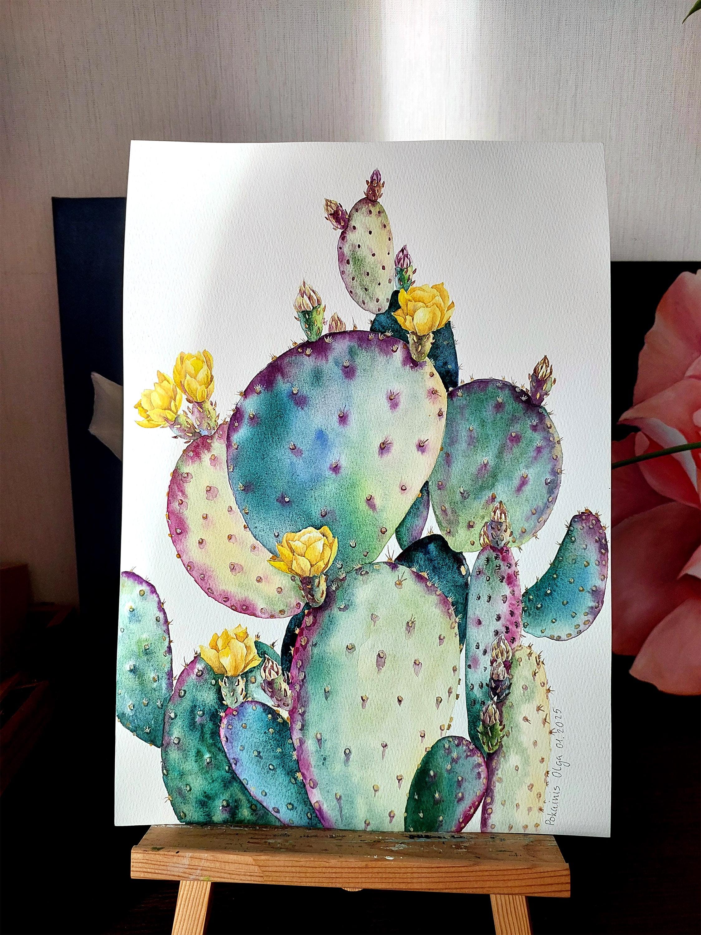 オリジナル水彩画、アリゾナの風景画、多肉植物の壁アートサボテンの