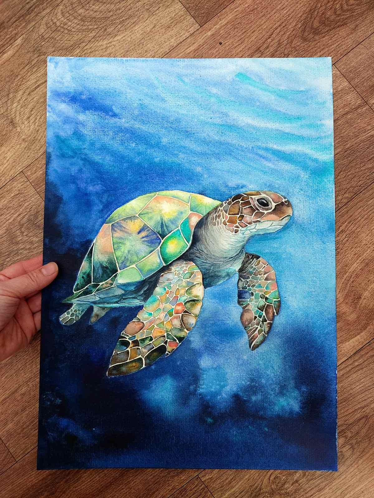 オリジナルの水彩画、ウミガメの絵画、海の動物のアートワーク、カメ
