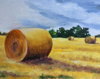 ORIGINAL oil painting, landscape painting, hay bales painting, farmhouse wall art, meadow painting, summer wall art, colorful wall art