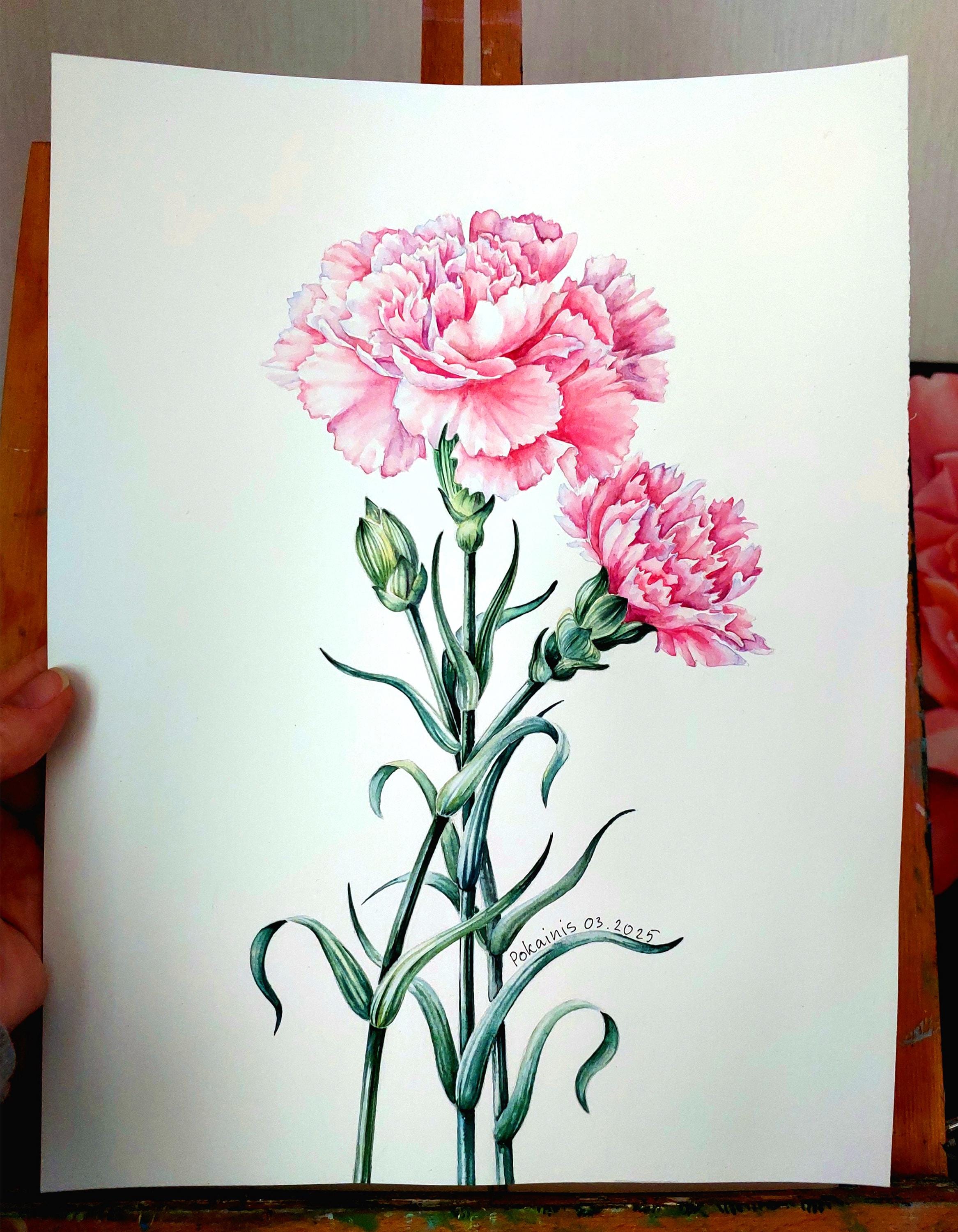 オリジナル水彩画、カーネーションの絵画、花の静物画の壁アート