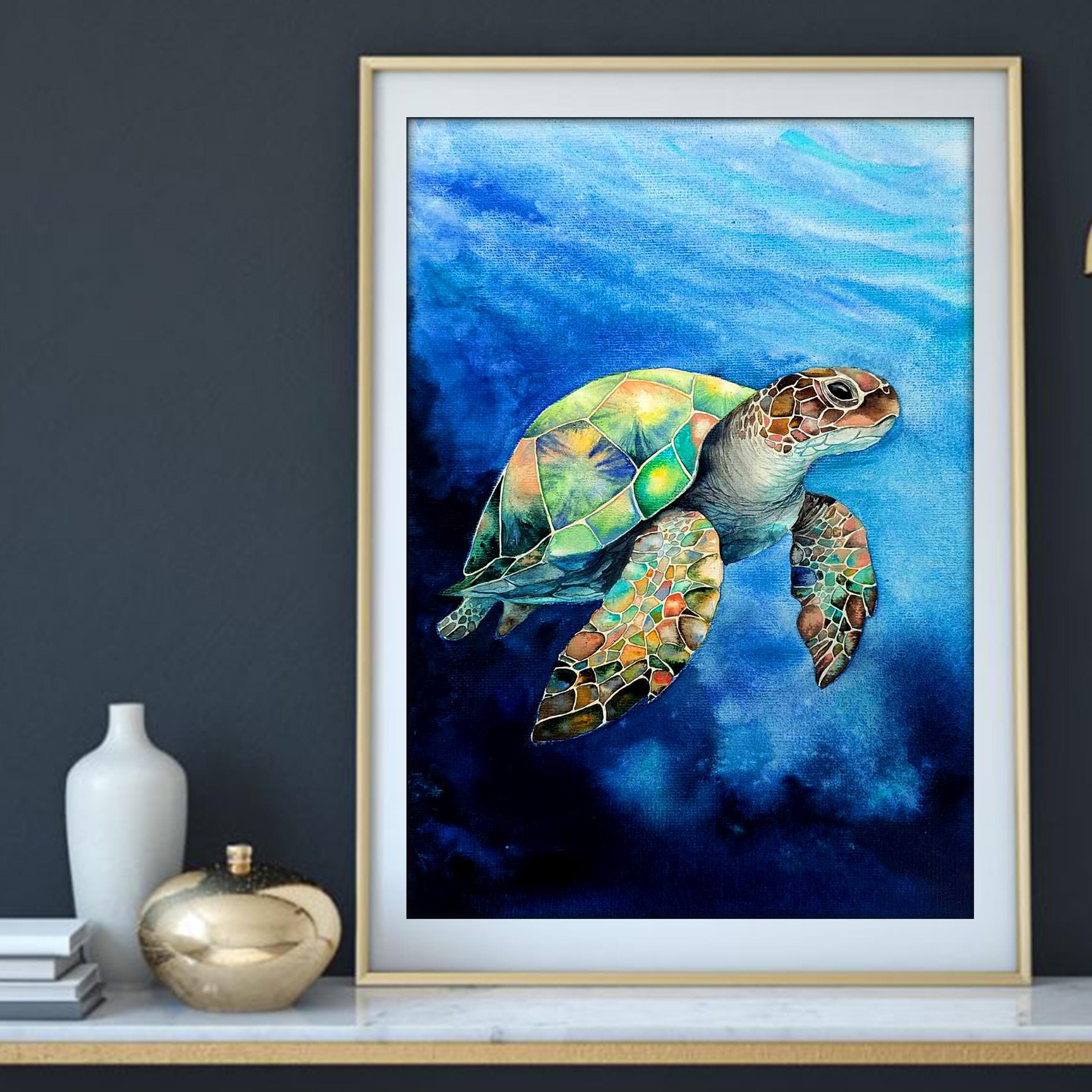 オリジナルの水彩画、ウミガメの絵画、海の動物のアートワーク、カメ