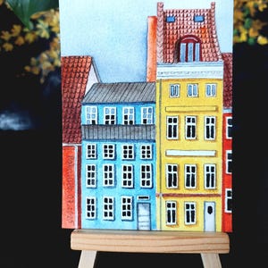 ACEO Aquarell Malerei, Stockholm Altstadt original Kunstwerk, Aquarell Haus Aquarell, Stadtbild Fine Art, 9,5 * 12,5 cm kleines Wandbild