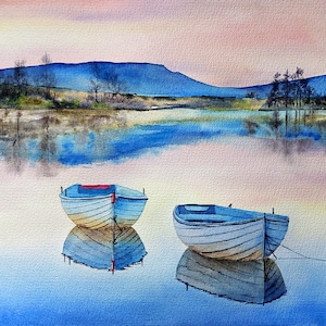 Boot Aquarellmalerei, Ruderboot / Ruderboot, Sonnenuntergang am Meer, Sonnenuntergang am Meer, individuelle Malerei, Sonnenuntergang am Meer, individuelle Malerei