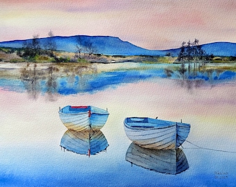 Bootwaterverfschilderij, bootschilderij op maat, roeibootkunst aan de muur, schilderij van foto, zonsondergangschilderij, originele kunstwerken, schilderij meer
