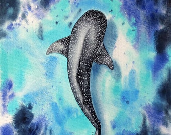 ジンベイザメ、オリジナル水彩画、水中画、暗い海、手作りの絵画