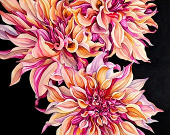 バーガンディダリアの水彩画、花柄の植物画ウォールアートプリント