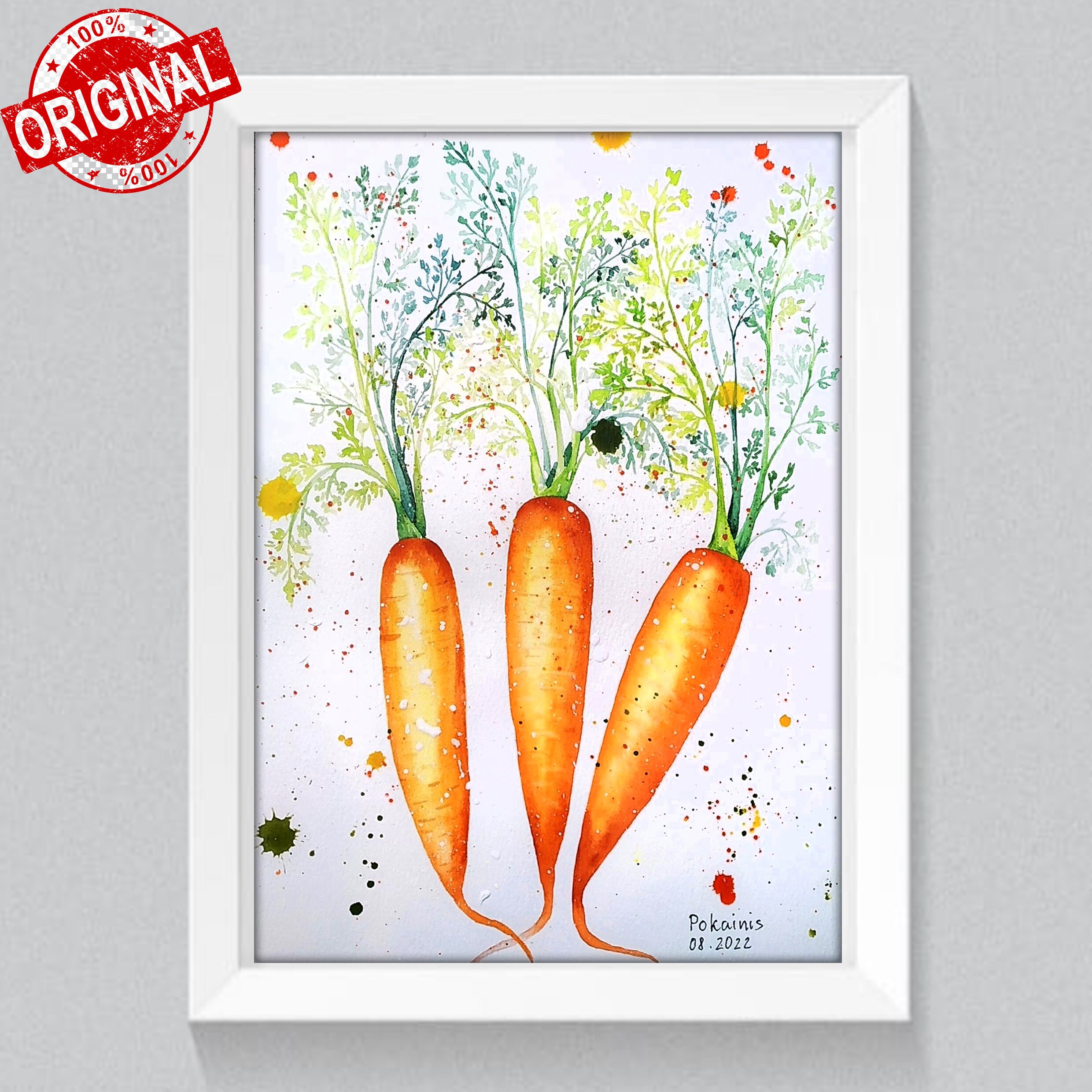 にんじんのオリジナル水彩画、庭の絵画、食べ物の壁アート、キッチンの