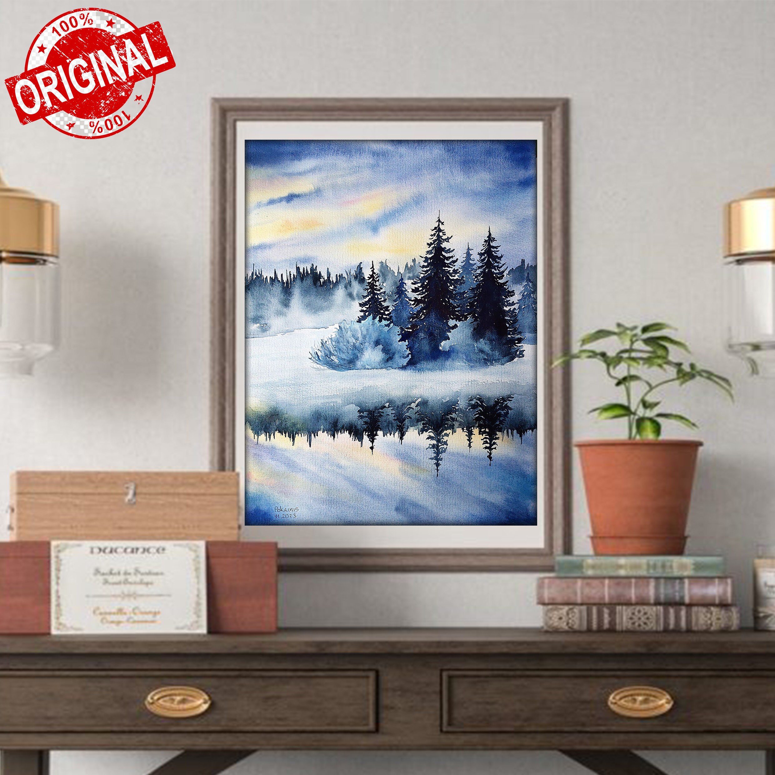 オリジナル水彩画「冬の森の絵画」雪景色（12x16インチ） - Etsy 日本