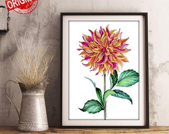 オリジナル水彩画、花の絵画、花の壁アート、ダリアの絵画、一輪の花の