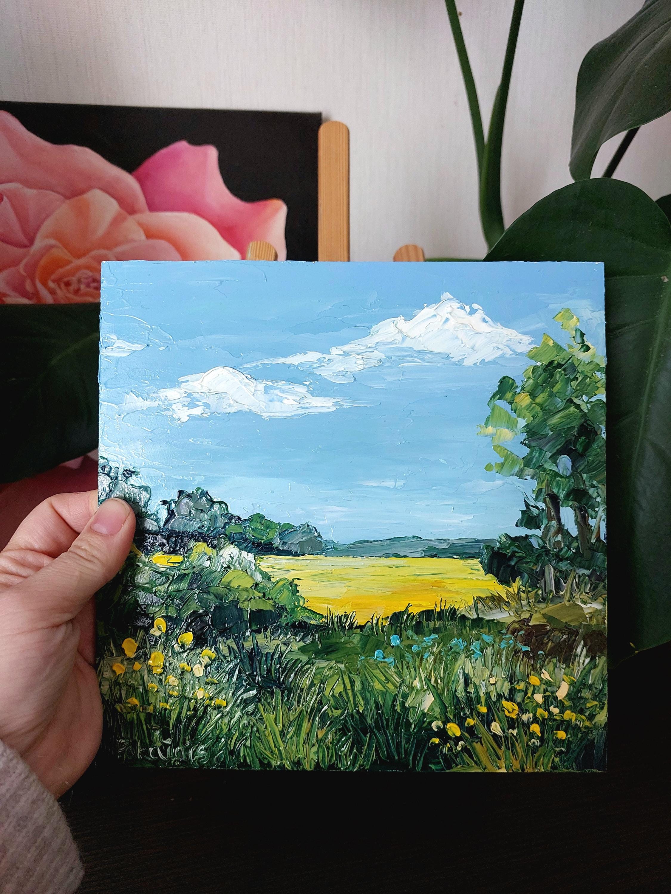 オリジナルの風景油絵、小型油絵作品、8x8サイズのウォールアート