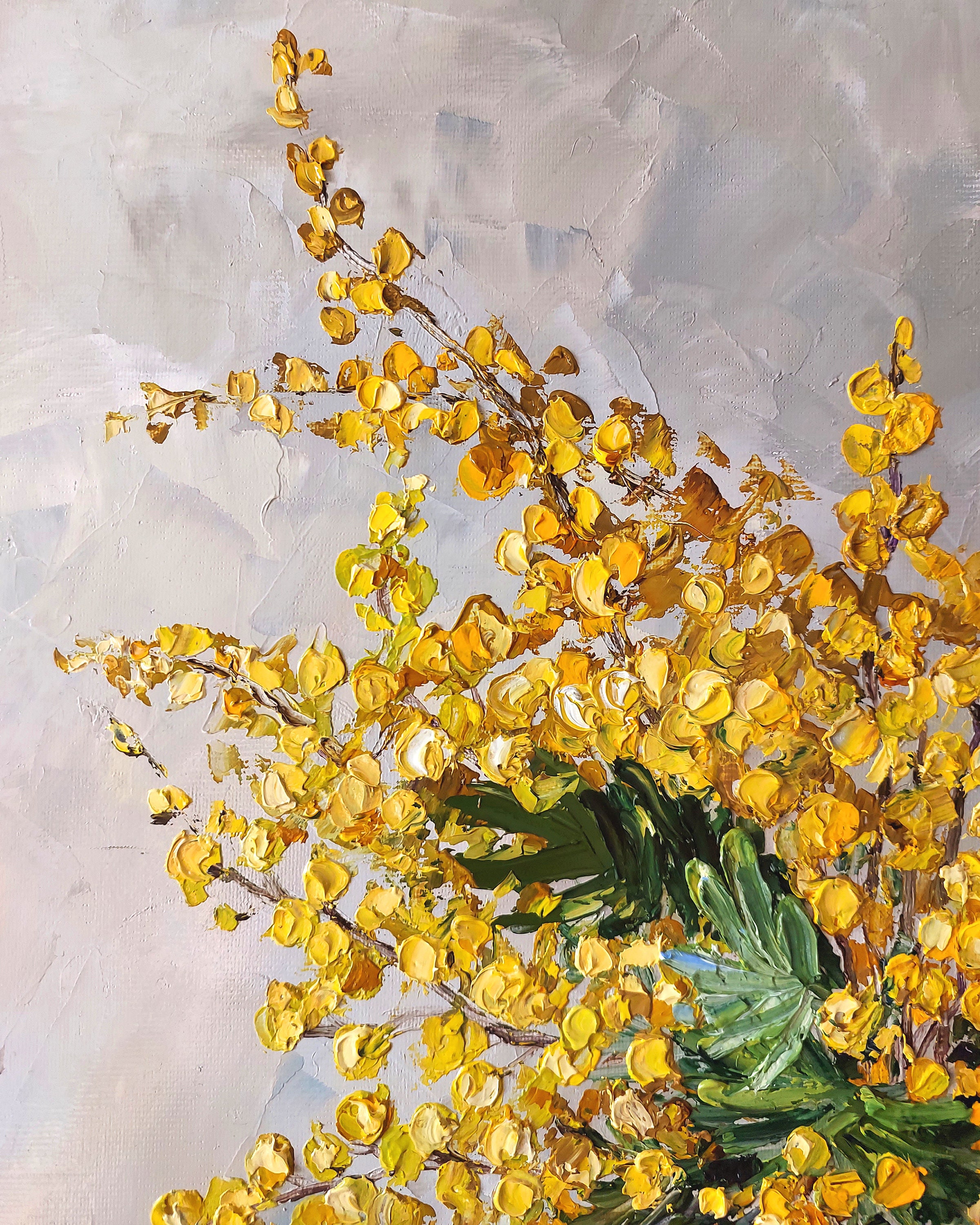オリジナルの厚塗り油絵、花の静物画、植物のアートワーク、ミモザの