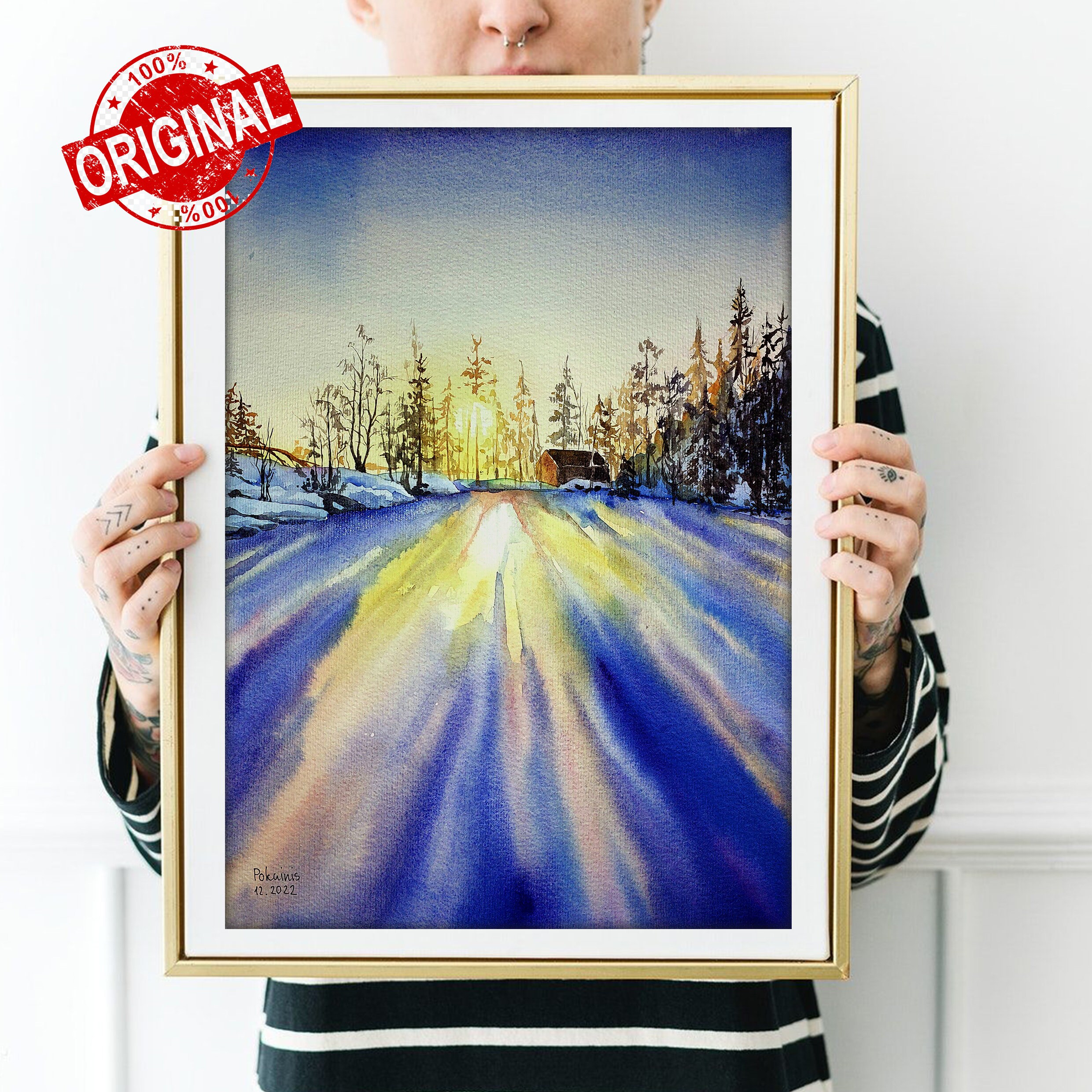 オリジナル冬の夕焼け水彩画、森の風景、16x12 - Etsy 日本