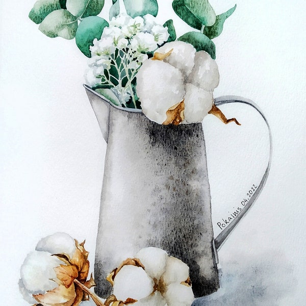 ORIGINAL watercolor painting, cotton bolls painting, Cotton branches wall art, eucalyptus painting, botanical wall art, wild flower painting