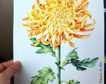 容音水彩画 青い鳥と菊の花　値段は※900円です 菊の絵画、オリジナルの花の水彩画、8x11 - Etsy 日本